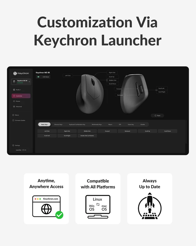 Alt view image 7 of 7 - Keychron M5 8K Wireless Vertical Mouse with Thumb Wheel, PixArt 3950 Sensor | 47° ergonomic grip, Up to 30K DPI, 2.4 GHz/Bluetooth 5.3/USB-C, Programmable Buttons for Laptop macOS/Windows