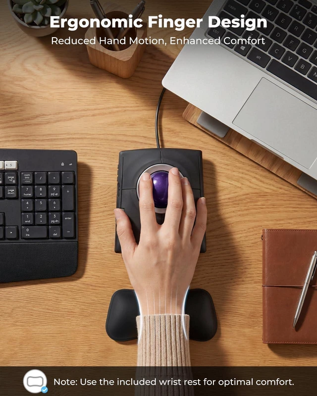Alt view image 2 of 7 - Wired Ergonomic Trackball Mouse, 55mm for Large Hands, Ambidextrous Design | Smooth rollerball tracking, finger control, wrist rest included, 4 DPI, dual scroll wheels, Windows & Mac compatible