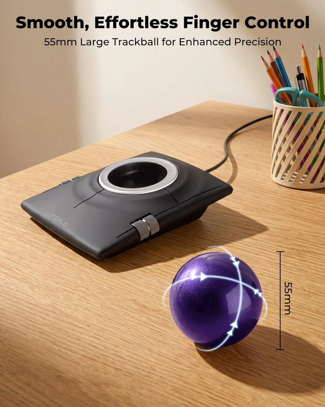 Alt view image 3 of 7 - Wired Ergonomic Trackball Mouse, 55mm for Large Hands, Ambidextrous Design | Smooth rollerball tracking, finger control, wrist rest included, 4 DPI, dual scroll wheels, Windows & Mac compatible