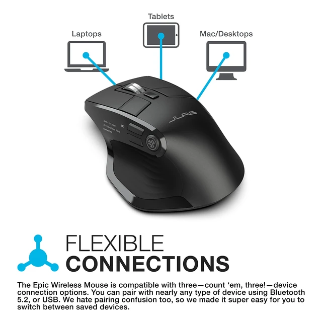 Alt view image 2 of 7 - JLab, Epic, Wireless Mouse, Bluetooth, Multi-Device, OLED Display, Full-Size