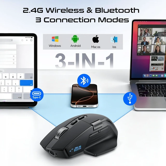 Alt view image 2 of 7 - 2.4 Ghz Ergonomic Mouse with OLED Display | Triple Mode Multi-Device, 7-Level 8000 DPI, Rechargeable Silent Computer Mouse, Side Scroll Optical Mouse for Laptop PC Mac