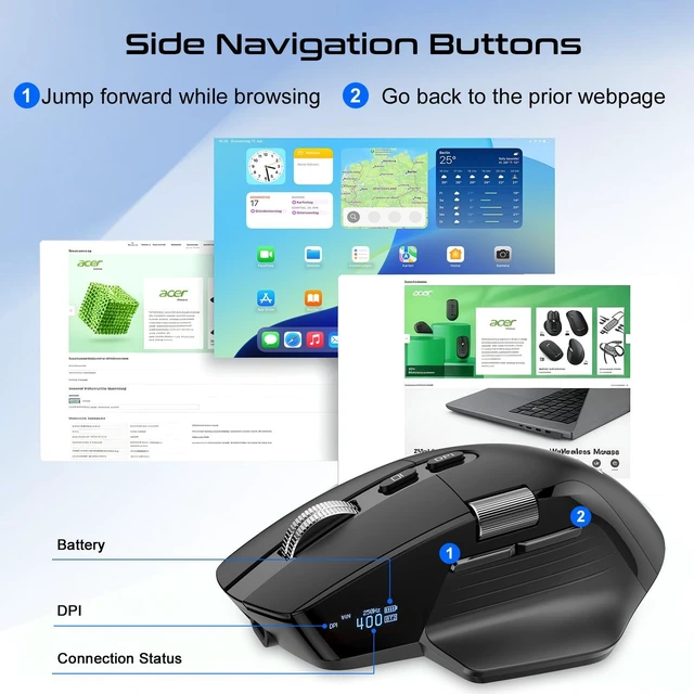 Alt view image 3 of 7 - 2.4 Ghz Ergonomic Mouse with OLED Display | Triple Mode Multi-Device, 7-Level 8000 DPI, Rechargeable Silent Computer Mouse, Side Scroll Optical Mouse for Laptop PC Mac