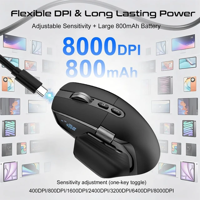 Alt view image 4 of 7 - 2.4 Ghz Ergonomic Mouse with OLED Display | Triple Mode Multi-Device, 7-Level 8000 DPI, Rechargeable Silent Computer Mouse, Side Scroll Optical Mouse for Laptop PC Mac