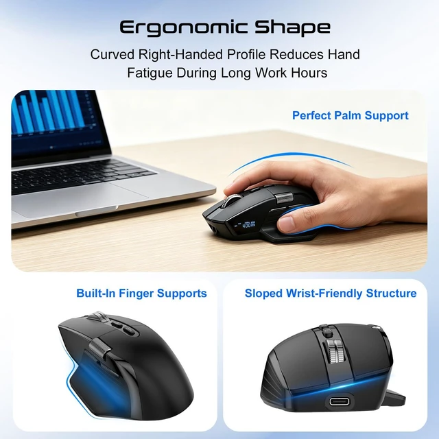 Alt view image 5 of 7 - 2.4 Ghz Ergonomic Mouse with OLED Display | Triple Mode Multi-Device, 7-Level 8000 DPI, Rechargeable Silent Computer Mouse, Side Scroll Optical Mouse for Laptop PC Mac