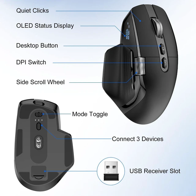 Alt view image 6 of 7 - 2.4 Ghz Ergonomic Mouse with OLED Display | Triple Mode Multi-Device, 7-Level 8000 DPI, Rechargeable Silent Computer Mouse, Side Scroll Optical Mouse for Laptop PC Mac