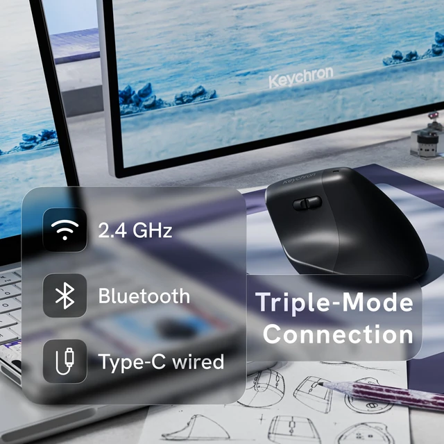 Alt view image 3 of 7 - Keychron BM27 Ergonomic Wireless Mouse, Rechargeable Mice for Laptop | 2.4 GHz & Bluetooth, Keychron Launcher, Quiet Clicks, 3212 Sensor, 2400 DPI, Portable Vertical Design for Mac Windows Linux