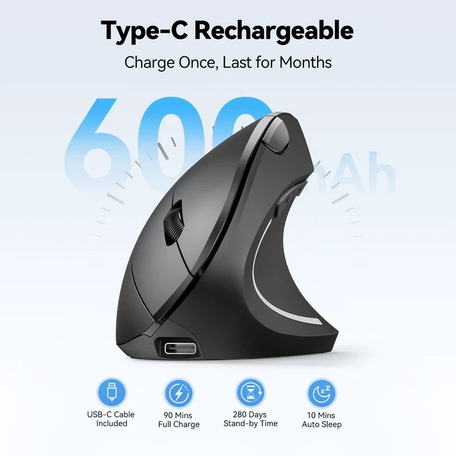 Alt view image 6 of 7 - TECKNET Ergonomic Mouse Wireless, Rechargeable Vertical Mice Right Hand | Bluetooth+2.4GHz USB, Multi Device, 4800 DPI Adjustable, Optical Carpal Tunnel Mouse for Laptop, PC, MacBook, Black