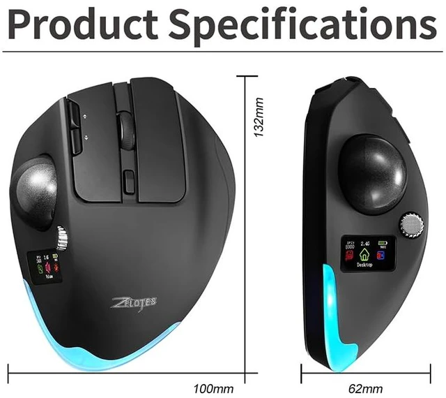 Alt view image 2 of 7 - Wireless Mouse 2.4GHz + Bluetooth Dual Mode Connection, 8 Programmable Buttons, 8000 CPI Adjustable, Trackball Design, with Display Screen, Ergonomic Tilt Angle, For Windows, macOS, Android, Linux