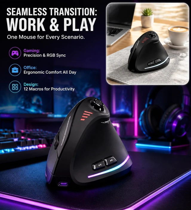 Alt view image 4 of 7 - TKMARS Wireless Ergonomic Vertical Gaming Mouse with Joystick, Bluetooth & 2.4G, 12 Programmable Buttons, Adjustable 24000 DPI, Rechargeable RGB Computer Mouse for PC, MacBook & Laptops