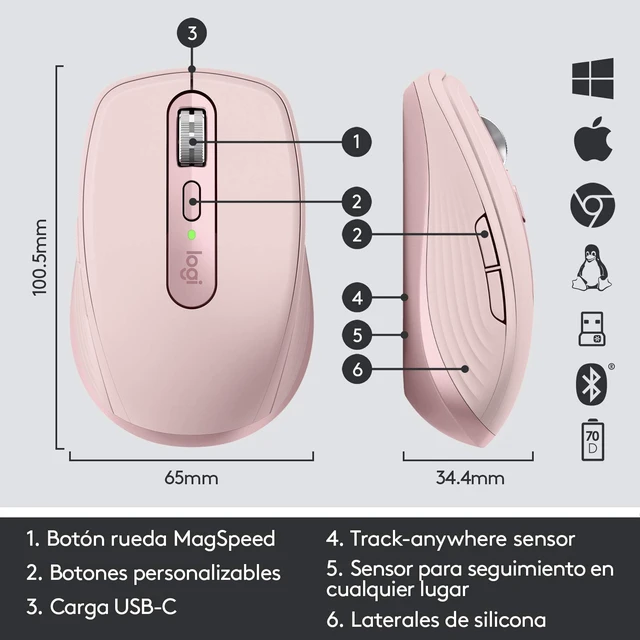 Alt view image 6 of 7 - Logitech MX Anywhere 3 Compact Performance Wireless Mouse 4K DPI - Rose