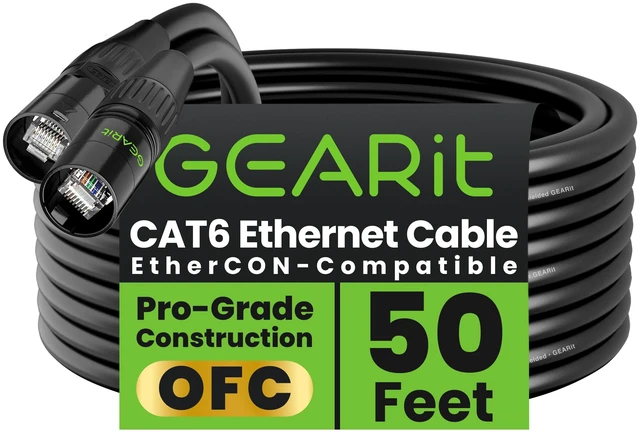 Main image of GEARit Shielded CAT6 Ethercon Cable (50 Feet) Professional Audio & Lighting RJ45 EtherCON-Compatible Cable for Studio, Stage, Concerts - 50ft Black