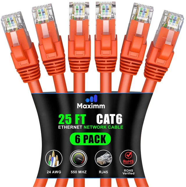 Main image of Maximm Cat6 Ethernet Cable 25 Ft, 10 Gbps 550 MHz, Orange, 6 Pack | Copper-Clad Aluminum deliver 10 Gbps up to 550 MHz