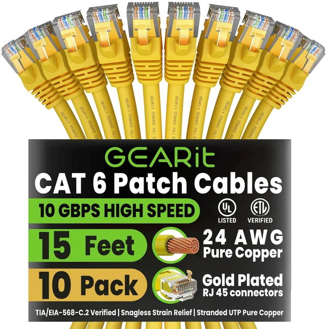 Main image of GEARit Cat6 Patch Cables Cat 6 Ethernet Cable 15 ft 10-Pack Yellow | Ethernet Patch Cable, 10Gbps 550MHz 24AWG Pure Copper, Snagless, Gold Plated RJ45 for Router, Server, Router, PC