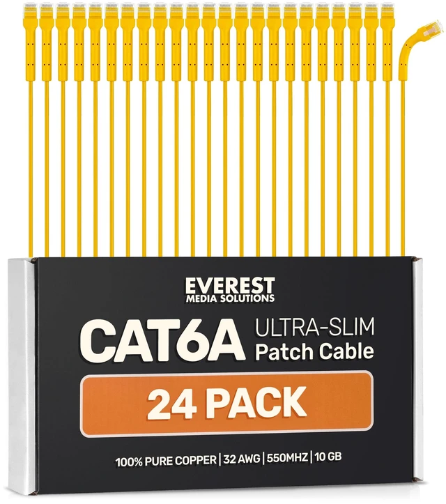 Main image of Everest Ultra Slim Cat6a Ethernet Patch Cables 1ft (24-Pack) Yellow | Bendable, Thin and Flexible Patch Cord - 10 GbE support - Pure bare copper wires