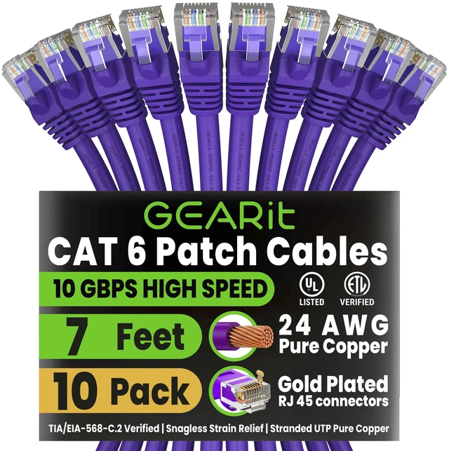 Main image of GEARit Cat6 Patch Cables Cat 6 Ethernet Cable 7 ft 10-Pack Purple | Ethernet Patch Cable, 10Gbps 550MHz 24AWG Pure Copper, Snagless, Gold Plated RJ45 for Router, Server, Router, PC