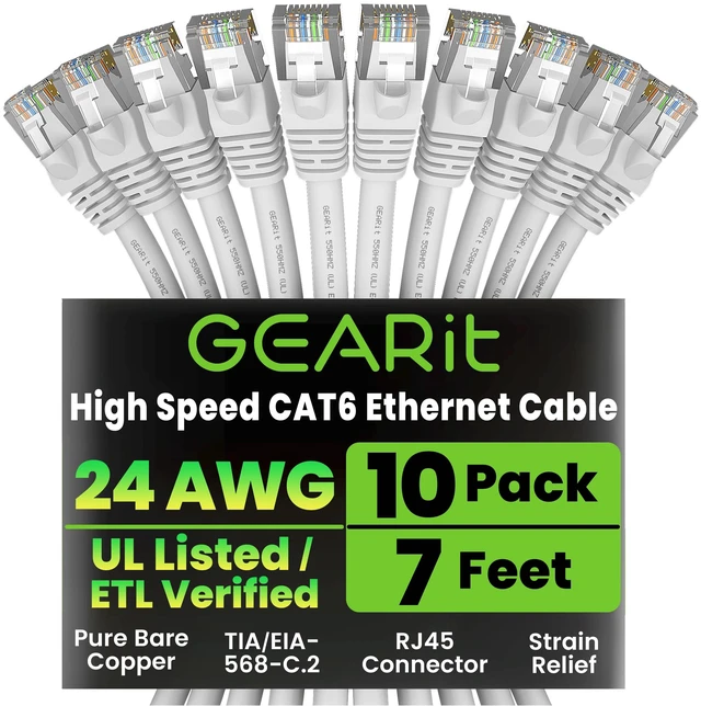 Main image of GEARit Cat6 Patch Cables Cat 6 Ethernet Cable 7 ft 10-Pack White | Ethernet Patch Cable, 10Gbps 550MHz 24AWG Pure Copper, Snagless, Gold Plated RJ45 for Router, Server, Router, PC