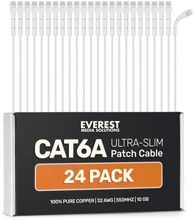 Main image of Everest Ultra Slim Cat6a Ethernet Patch Cables 0.5ft (24-Pack) White | Bendable, Thin and Flexible Patch Cord - 10 GbE support - Pure bare copper wires