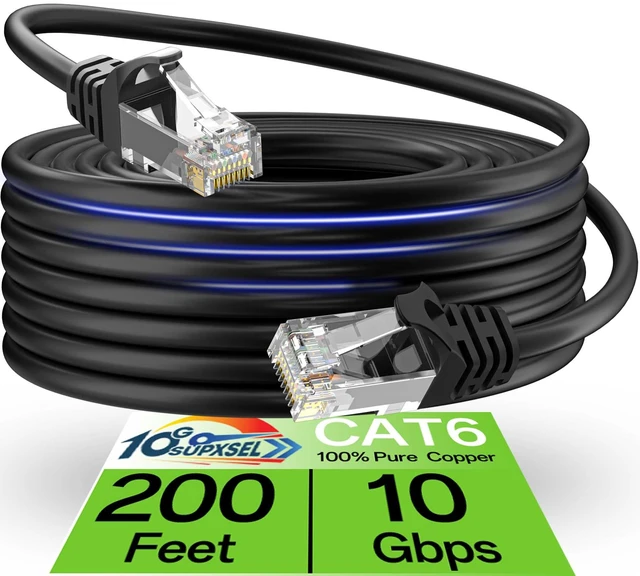 Main image of 10Gsupxsel Cat 6 Ethernet Cable 200FT Outdoor&Indoor, Cat6 Ethernet Patch Cable 10Gbps, High-Speed UTP Cat6 Network Cable Pure Copper, Cat 6 Cable for Home and Office Network, Black