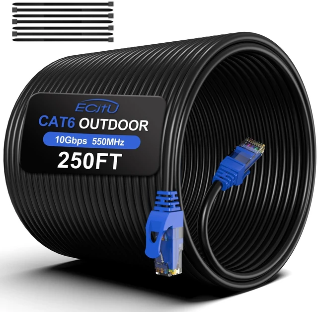 Main image of 250FT Cat6 Outdoor Ethernet Cable, In-Ground, Heavy Duty Direct Burial, 24AWG CCA Patch Cord, POE, UTP, Waterproof, LLDPE UV Resistant, Network, Internet, LAN, Cat 6 Cable 250 Feet with 25 Cable Ties