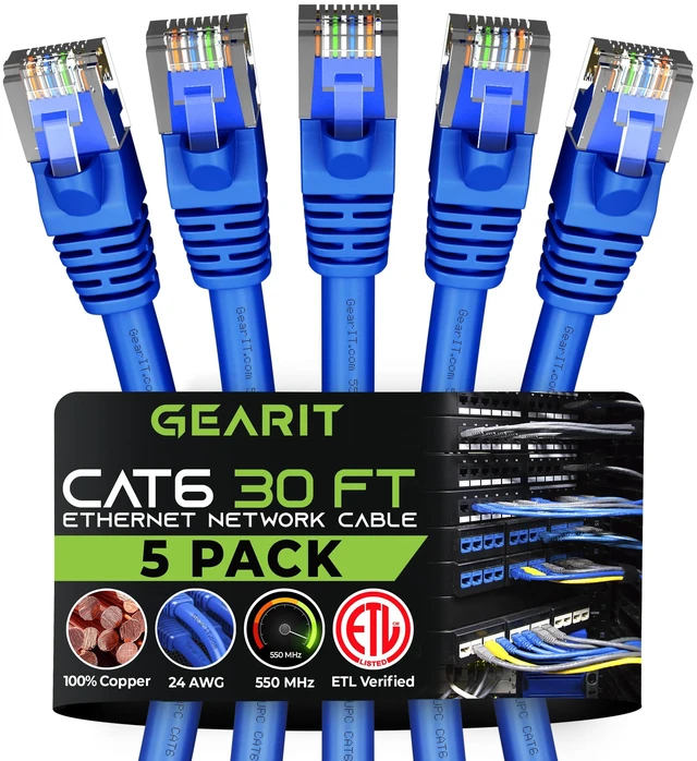 Main image of GEARit Cat6 Patch Cables Cat 6 Ethernet Cable 30 ft 5-Pack Blue | Ethernet Patch Cable, 10Gbps 550MHz 24AWG Pure Copper, Snagless, Gold Plated RJ45 for Router, Server, Router, PC