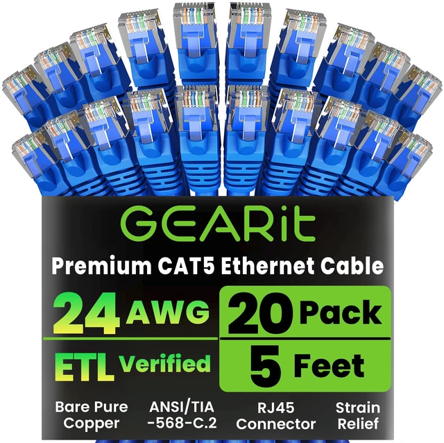 Main image of GEARit 20-Pack, Cat5e Ethernet Patch Cable 5 Feet - Snagless RJ45 Computer LAN Network Cord, Blue