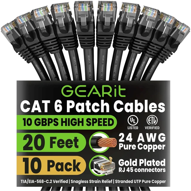 Main image of GEARit Cat6 Patch Cables Cat 6 Ethernet Cable 20 ft 10-Pack Black | Ethernet Patch Cable, 10Gbps 550MHz 24AWG Pure Copper, Snagless, Gold Plated RJ45 for Router, Server, Router, PC