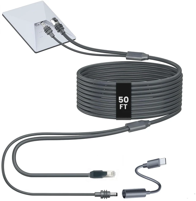 Main image of CyberFey Starlink Mini Ethernet Cable 50FT/15M, 2-in-1 Power and Data | Starlink Mini Power and Ethernet Cable with Cat5e data and 20AWG DC power; one cable for RV, marine and camping setups