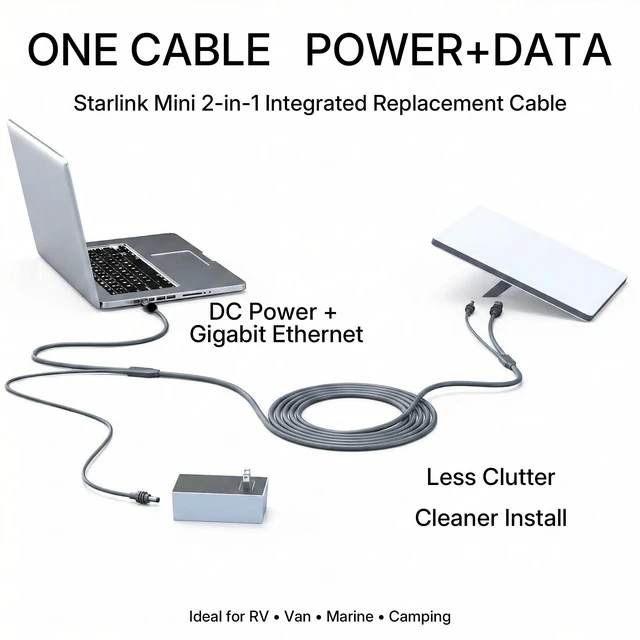 Alt view image 2 of 5 - CyberFey Starlink Mini Ethernet Cable 50FT/15M, 2-in-1 Power and Data | Starlink Mini Power and Ethernet Cable with Cat5e data and 20AWG DC power; one cable for RV, marine and camping setups