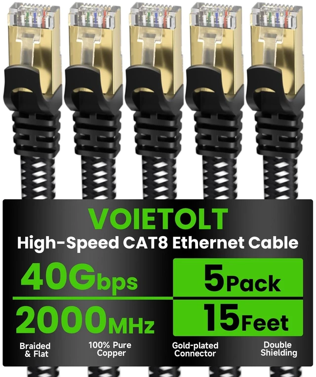 Main image of VOIETOLT Cat 8 Ethernet Cable Flat 15 FT 5Pack, High Speed 40Gbps 2000Mhz Braided Internet Cable with Gold Plated RJ45 Network LAN Cable SSTP, Ethernet Cord Compatible for PS4/5, for Modems, PC/Laptop