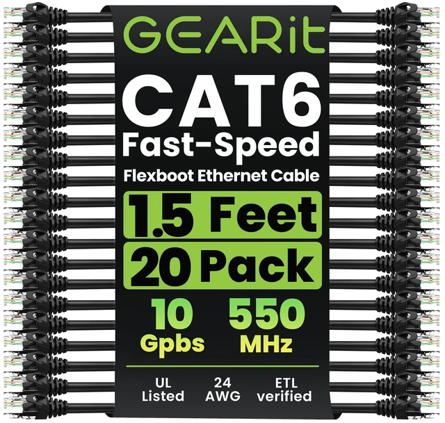 Main image of GEARit Cat6 Snagless Ethernet Patch Cable 10Gbps 20-Pack 1.5 Feet Black | 24 AWG Pure Copper Conductors, RJ45 Connectors, Flexible Soft Tab Boot, For Router, Switch, Modem, PC, PS5 and Server