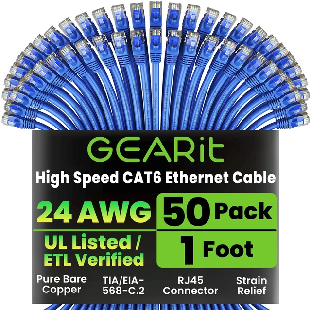 Main image of GEARit Cat6 Patch Cables Cat 6 Ethernet Cable 1 ft 50-Pack Blue | Ethernet Patch Cable, 10Gbps 550MHz 24AWG Pure Copper, Snagless, Gold Plated RJ45 for Router, Server, Router, PC