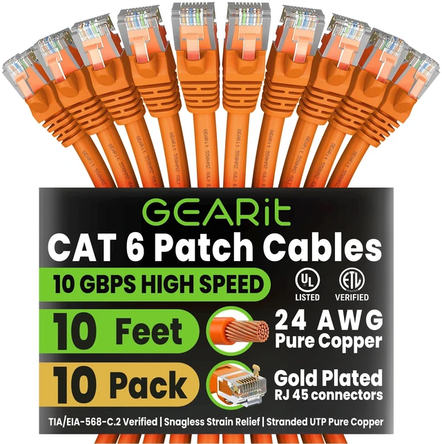 Main image of GEARit Cat6 Patch Cables Cat 6 Ethernet Cable 10 ft 10-Pack Orange | Ethernet Patch Cable, 10Gbps 550MHz 24AWG Pure Copper, Snagless, Gold Plated RJ45 for Router, Server, Router, PC