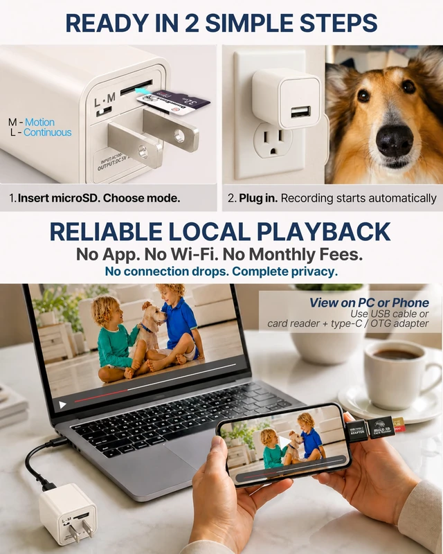 Alt view image 4 of 6 - DIVINEEAGLE 1080p Dome Cam, Motion Detection, microSD Slot, Easy Setup, App-Free, No Live View-Data Protected, Video-Only - Plug-in Premium Reliable Pet Camera for Pet Nanny Use, with 64GB Card