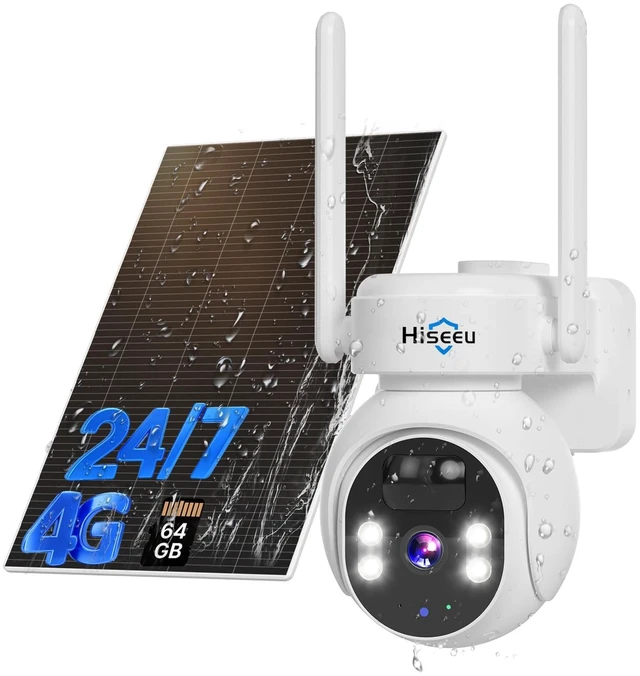Main image of Hiseeu 4G LTE Cellular Security Camera Solar Powered, No WiFi Security Camera Wireless Outdoor, 24/7, PIR Motion, 2 Way Talk, 360° PT, 2K Color Night Vision, 64G SD & SIM Card Included