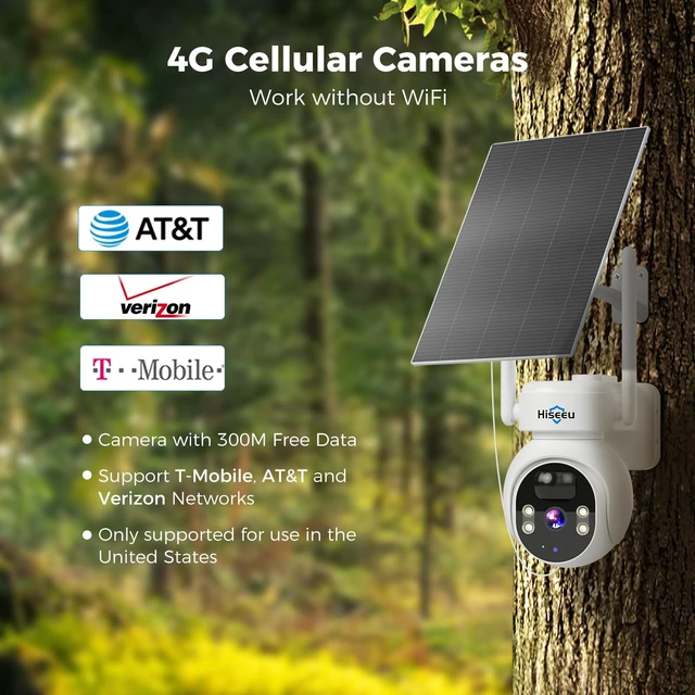 Alt view image 4 of 7 - Hiseeu 4G LTE Cellular Security Camera Solar Powered, No WiFi Security Camera Wireless Outdoor, 24/7, PIR Motion, 2 Way Talk, 360° PT, 2K Color Night Vision, 64G SD & SIM Card Included