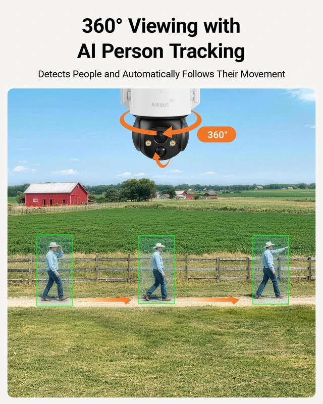 Alt view image 5 of 7 - Anlapus 4G LTE Cellular 4MP Wireless Solar Security Camera 360°, No Wi-Fi | Included SIM Card & 32GB Memory Card, Pan/Tilt, Human Detection, Auto Tracking, Two-way Talk, Outdoor, Color Night Vision