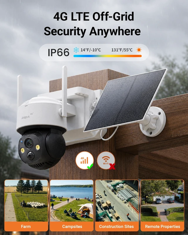 Alt view image 7 of 7 - Anlapus 4G LTE Cellular 4MP Wireless Solar Security Camera 360°, No Wi-Fi | Included SIM Card & 32GB Memory Card, Pan/Tilt, Human Detection, Auto Tracking, Two-way Talk, Outdoor, Color Night Vision
