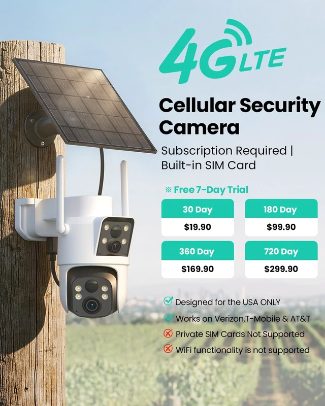 Alt view image 3 of 6 - LIWAN No WiFi Security Camera, Dual Lens, 4G LTE Solar Powered | Cellular Security Camera Wireless Outdoor, Bulit in SIM Card, 2K Color Night Vision, PIR Detection, IP66, 360° Live View