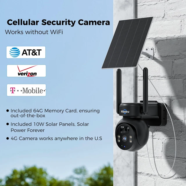 Alt view image 2 of 7 - Hiseeu 4G LTE Cellular Security Camera Solar Powered, No WiFi Security Camera Wireless Outdoor, 24/7, PIR Motion, 2 Way Talk, 360° PT, 2K Color Night Vision, 32G SD & SIM Card Included