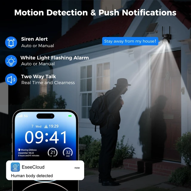 Alt view image 6 of 7 - Hiseeu 4G LTE Cellular Security Camera Solar Powered, No WiFi Security Camera Wireless Outdoor, 24/7, PIR Motion, 2 Way Talk, 360° PT, 2K Color Night Vision, 32G SD & SIM Card Included