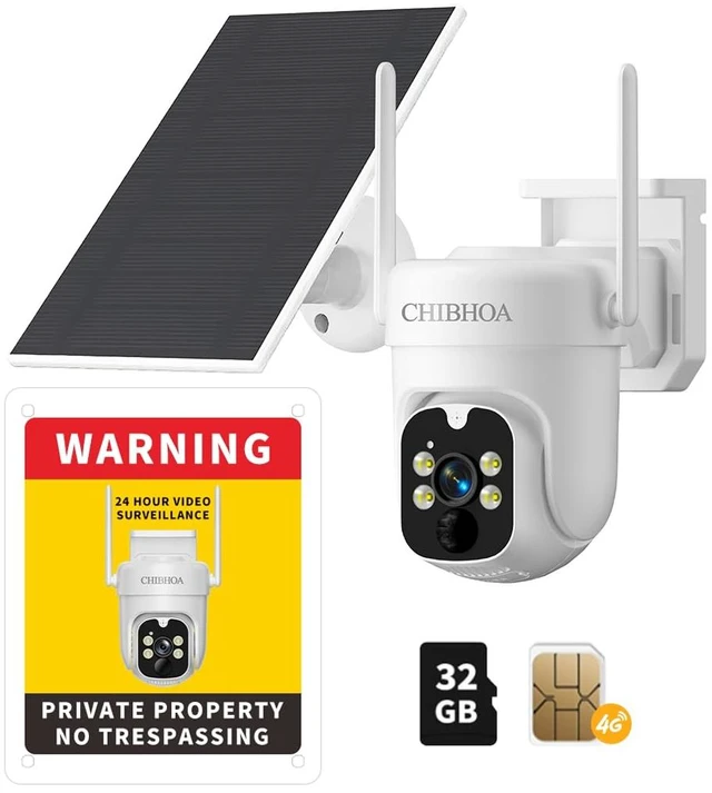 Main image of CHIBHOA 4G LTE Solar Camera, NO WiFi Needed, 2K Color Night Vision | Wireless Cellular Security. Includes SIM & 32GB SD. 360° View, PIR Motion Detection. Siren & 2-Way Audio.