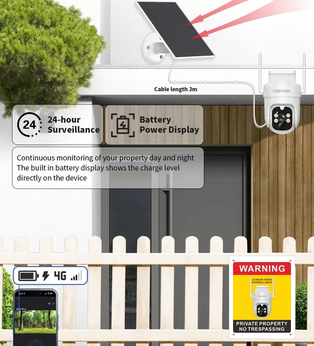 Alt view image 6 of 7 - CHIBHOA 4G LTE Solar Camera, NO WiFi Needed, 2K Color Night Vision | Wireless Cellular Security. Includes SIM & 32GB SD. 360° View, PIR Motion Detection. Siren & 2-Way Audio.