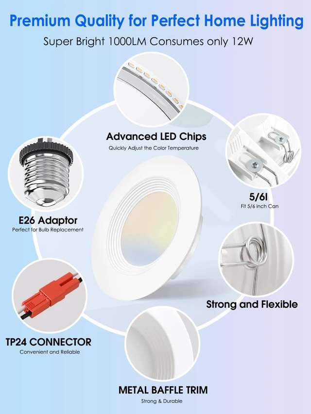 Alt view image 5 of 7 - Energetic LED Can Light 5/6 Inch Dimmable, 12W=150W, Daylight 5000K, 1000LM, IC Rated & ETL Listed, LED Recessed Lighting Retrofit Downlight, Metal Baffle Trim, Wet Rated, 12 Pack