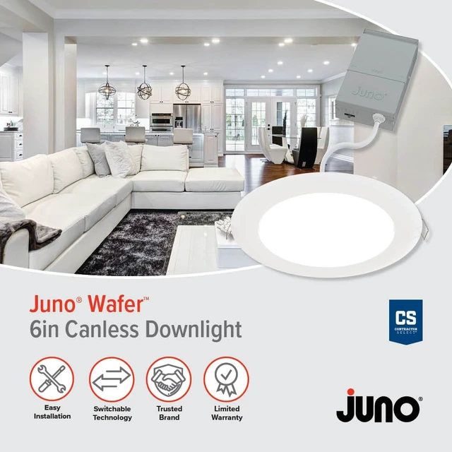Alt view image 2 of 7 - Juno LED Recessed Lights 6 Inch Round Wafer Downlight, 5-in-1 Switchable White Color Temperature, 120 Volts, 6-Inch Ultra-Thin Flat Trim, Matte White, 4-Pack (WF6 SWW5 90CRI MW CP4 M2)