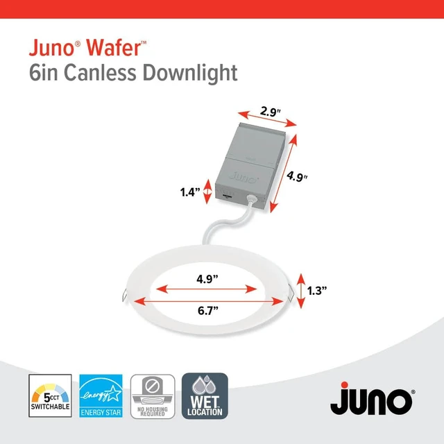 Alt view image 4 of 7 - Juno LED Recessed Lights 6 Inch Round Wafer Downlight, 5-in-1 Switchable White Color Temperature, 120 Volts, 6-Inch Ultra-Thin Flat Trim, Matte White, 4-Pack (WF6 SWW5 90CRI MW CP4 M2)