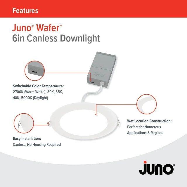 Alt view image 3 of 7 - Juno LED Recessed Lights 6 Inch Round Wafer Downlight, 5-in-1 Switchable White Color Temperature, 120 Volts, 6-Inch Ultra-Thin Flat Trim, Matte White, 4-Pack (WF6 SWW5 90CRI MW CP4 M2)