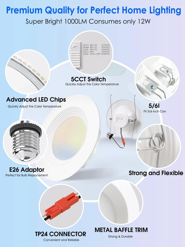 Alt view image 6 of 7 - 6 Pack 5/6 Inch 5CCT LED Recessed Light Retrofit, 2700K/3000K/4000K/5000K/6500K Selectable, Dimmable Can Lights with Baffle Trim, 12W=150W, High Brightness 1000LM, IC & Wet Rated, ETL & FCC Certified