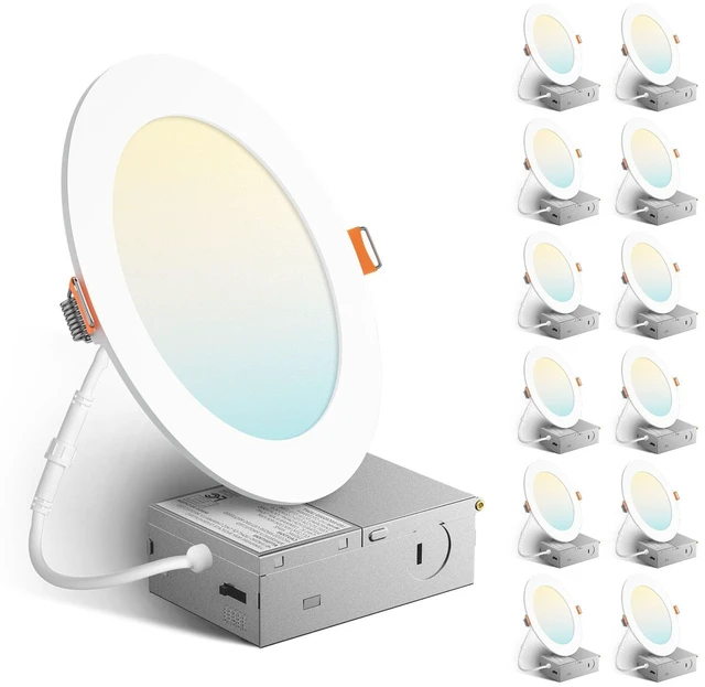 Main image of Amico 12 Pack 6 Inch Ultra-Thin LED Recessed Ceiling Light, 5CCT, 1050LM | 5%-100% Dimmable, 2700K-5000K, No Flicker & Noise, Canless Wafer Downlight with Junction Box, 12W Eqv 110W, IC/ETL/FCC, White