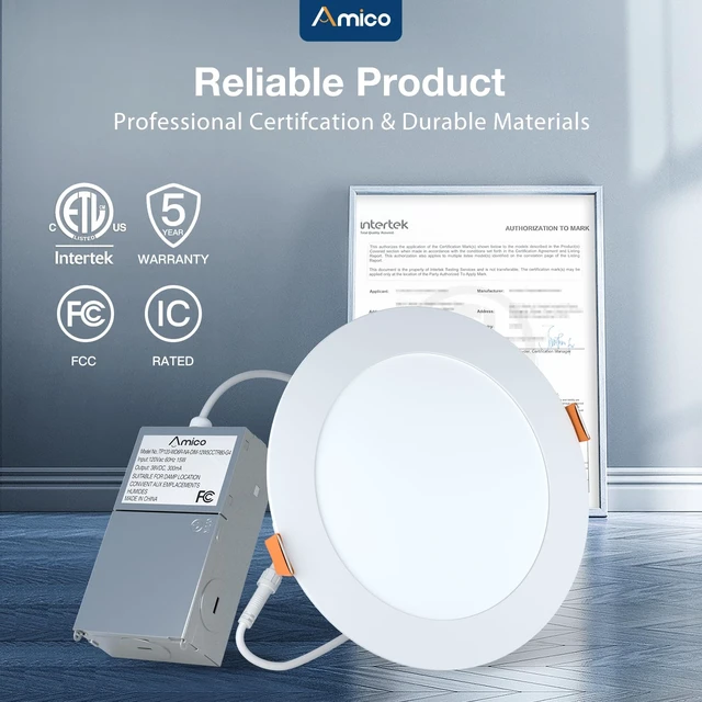 Alt view image 6 of 7 - Amico 12 Pack 6 Inch Ultra-Thin LED Recessed Ceiling Light, 5CCT, 1050LM | 5%-100% Dimmable, 2700K-5000K, No Flicker & Noise, Canless Wafer Downlight with Junction Box, 12W Eqv 110W, IC/ETL/FCC, White