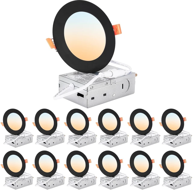 Main image of DLLT LED Recessed Ceiling Lights: Black 12 Pack 4 Inch 5CCT Ultra-Thin Lighting with Junction Box for Bedroom - 900LM Brightness 9W Eqv 80W Dimmable Canless Wafer Downlight with ETL&FCC